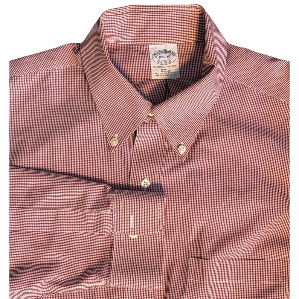 Brooks Brothers Slim Fit Non-Iron Red Gingham Supima Cotton Shirt 16.5 35